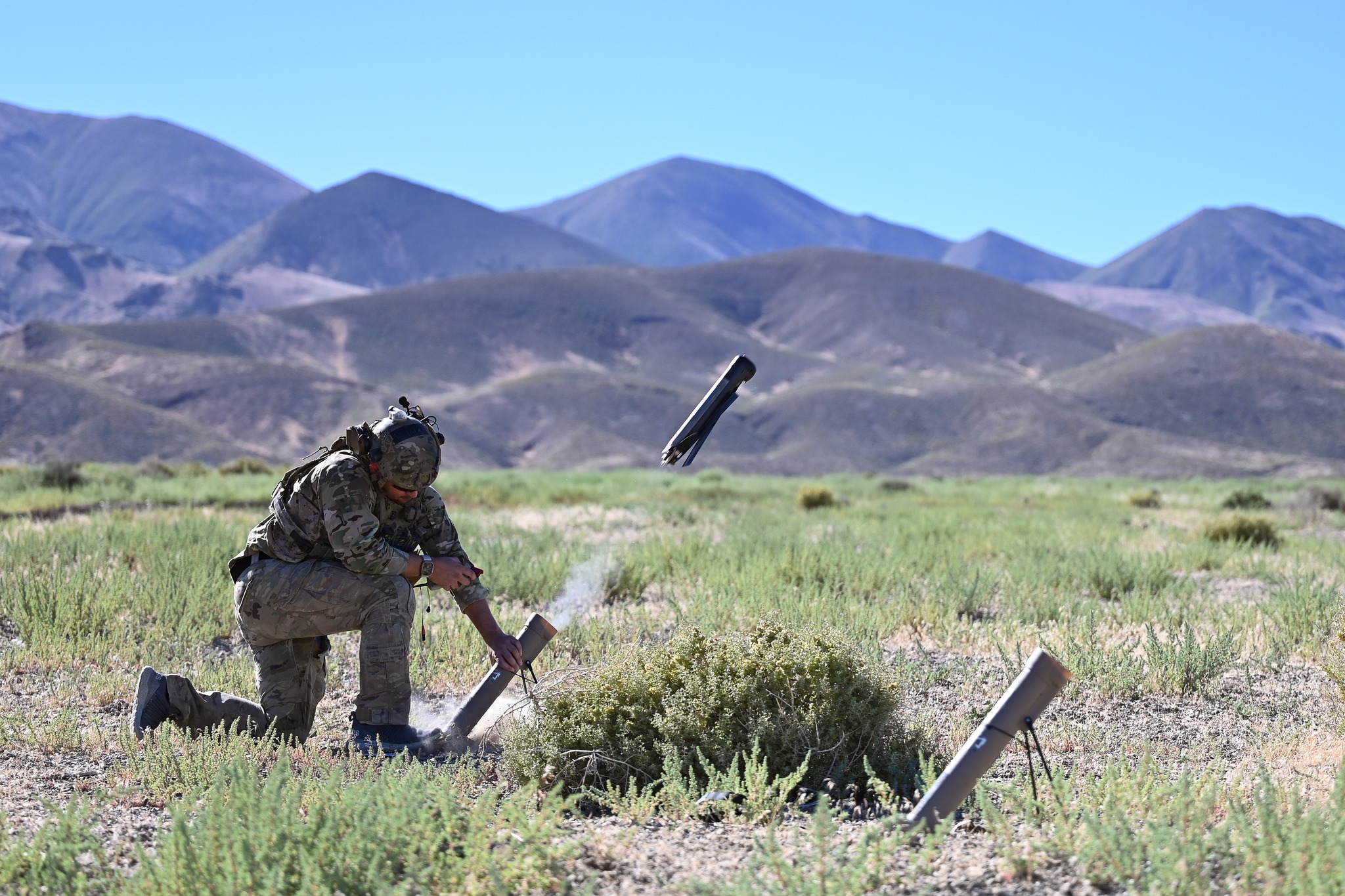 230715-N-GR718-1595
FALLON, Nev. (July 15, 2023) – A West-Coast based Naval Special Warfare Operator fires a Switchblade 300 Lethal Miniature Aerial Munition System during ground mobility training exercises. Naval Special Warfare is the nation's elite maritime special operations force, uniquely positioned to extend the Fleet's reach and gain and maintain access for the Joint Force in competition and conflict. (U.S. Navy Photo by Mass Communication Specialist 1st Class Chelsea D. Meiller)